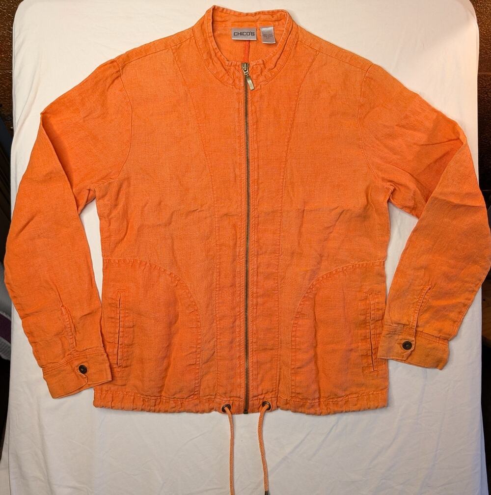 Chico's 100% Linen Zip Front Utility Jacket Sz 1 Pumpkin Orange Autumn Travel